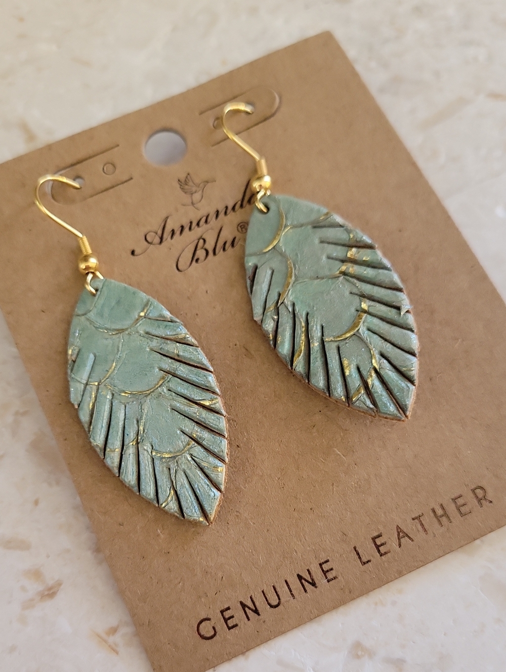 Amanda Blu Sea Glass Blue Leather Leaf Earrings with Gold Accents